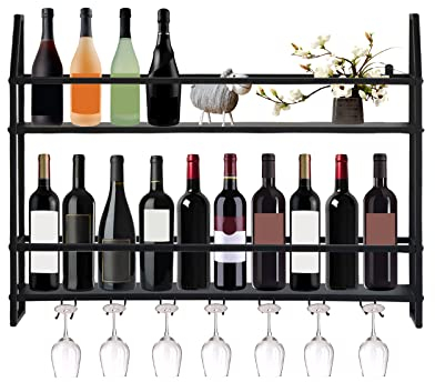 biusgiyeny Casier à vin Mural avec Support à Verres à Pied Étagère à vin Industrielle Étagère à vin Bar Étagère Murale Casier à Bouteilles Mural Industriel