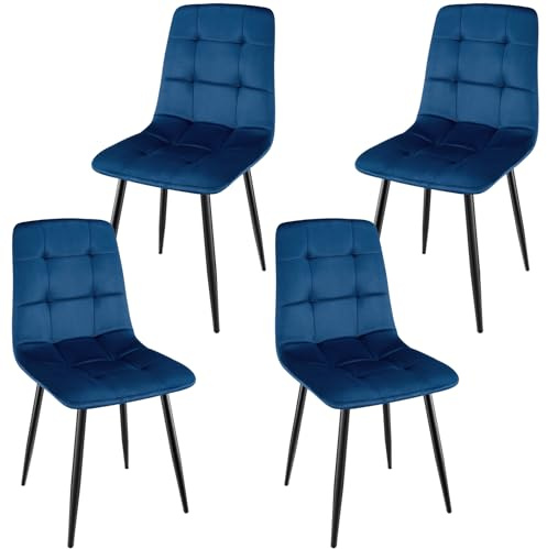 WAFTING 4er Set Gepolsterte Esszimmerstühle mit Hoher Rückenlehne | Samtbezug, Metallfüße und Schachbrettmuster, Geeignet für Esszimmer, Küche und Wohnzimmer, Dunkelblau
