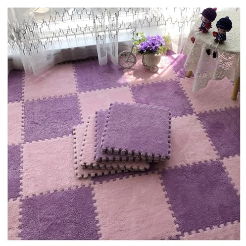 12 Stück Quadratische Schaumstoff-Teppichfliesen, Verdickte, Flauschige, Ineinandergreifende Plüsch-Bodenmatte, Weicher, Rutschfester Puzzle-Spielteppich, 30 X 30(Color:Hellviolett+Rosa)