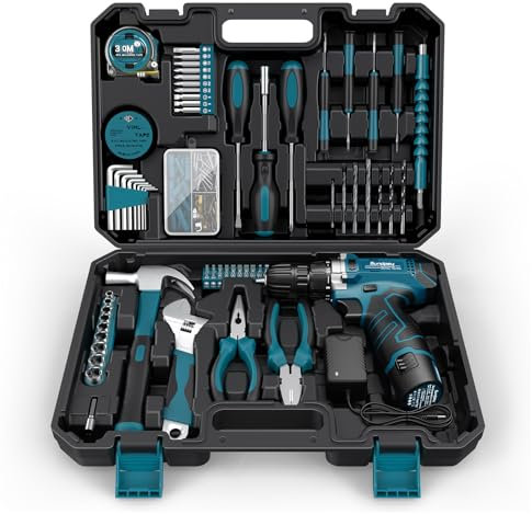Sundpey Home Tool Kit 206-PCs - Household Tool Set with 12V Cordless Electric Screwdriver Drill Set - Portable Starter Power Tool Combo Kits - Basic General Homeowner Tool Box for Men & Women for Home