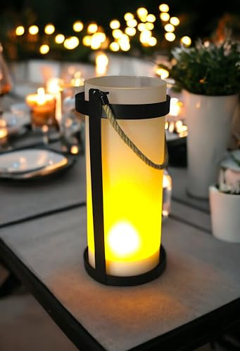 Solar Laterne Windlicht aus Glas mit Metallgehäuse Tischlampe für außen, schwarz, Hängend/Stehend 30,5 cm hoch, 14 cm Durchmesser, mit Flammeneffekt, wetterfest, Gartendeko outdoor