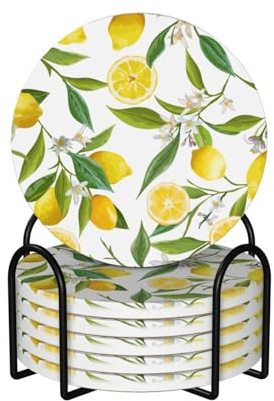 Untersetzer, Keramik-Untersetzer mit Halter, Getränkeuntersetzer, Tassenunterlage, 6er-Set,Gelbe Zitrone