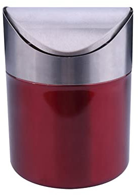 VALINK Mini Desktop Bin with Swing Top Lid, 304 Stainless Steel Swing Bin, Trash Can Small Desk Bin for Kitchen Bedroom Office Table Car 12x12x16.5cm Red
