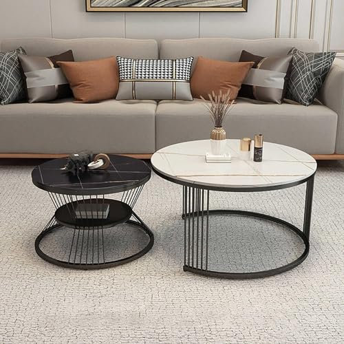 Runde Couchtische mit Marmor-Muster, 2 Stück, stapelbare Beistelltische mit goldfarbenen Metallbeinen, perfekt für Wohnzimmer, Schlafzimmer, Büro, Balkon und Wohnung