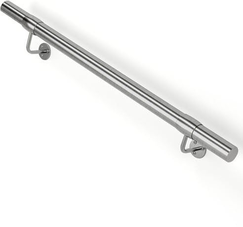 ZALNVEY 4 Ft Industrial Metal Stairs Handrail Kit, Sturdy Wall Mount 304 Stainless Steel Hand Rail, Indoor Outdoor Stair Railing Wood Concrete Brick Wall,1.65 in Round Pipe Grab Bar, Silver