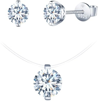 INFINIONLY Damen Solitär Diamant Ketten Halsreife und Ohrringe 925 Silber Schmuck-Sets Moissanit Halskette Anhänger Ohrstecker für Mädchen Choker mit Transparente Nylon kette D Farbe VVS1 Diamant