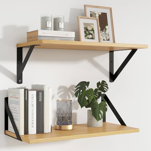 Feihorrm Hyllor för vägg, set om 2, 40 x 20 cm djupa vägghyllor, ekträhyllor med metallkonsoler, vägghylla för vardagsrum, sovrum, kök, badrum och kontor