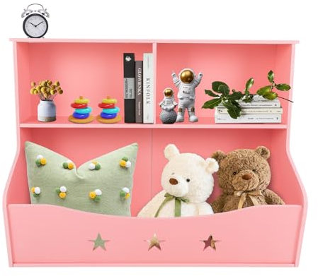 2 in 1 Bücherregal Spielzeugregal, Kinderaufbewahrungs-Organisator 2-Stöckiges Bücherregal Toy Bookcase Home Box, für Kinderzimmer, Holz, Rosa