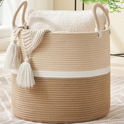 KAKAMAY Large Blanket Basket (18x18x16),Woven Baby Laundry Hamper for Storage, Cotton Rope Blankets Baskets for Nursery, Laundry, Living Room, Pillows, Baby Toy chest with Handles (Light Brown)