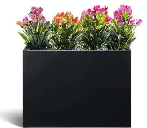 Metal Rectangular Planter Box Tall Planters for Outdoor Plants Modern Heavy Duty with Drainage Holes for Outside Indoor Patio Deck - Black, 32”x 12”x 24”