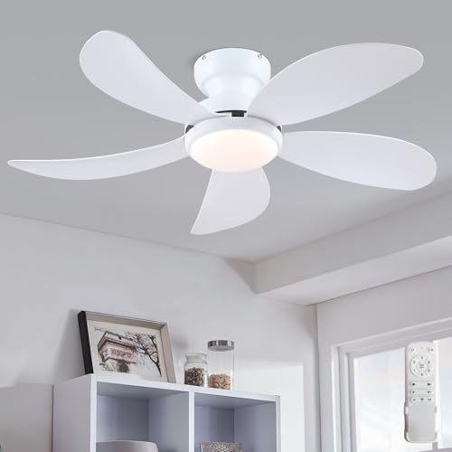PHORUS 42 White Low Profile Ceiling Fans with Lights and Remote, Small Modern Flush Mount Ceiling Fans with Quiet Reversible DC Motor, Dimmable 3 Colors 6 Speeds