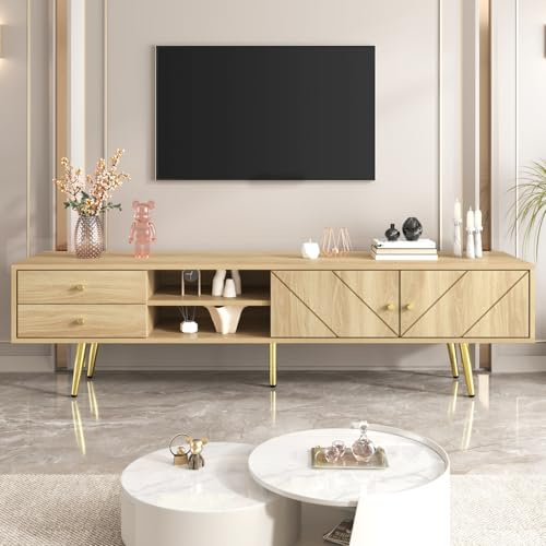 160cm Meuble Télé, Banc TV avec Portes et Compartiments Ouverts, Meuble Télé Bois, Éclairage LED RGB avec Couleur réglable, Convient pour Salon ou Chambre (Couleur bois, 160x36x42 cm/Sans LED)