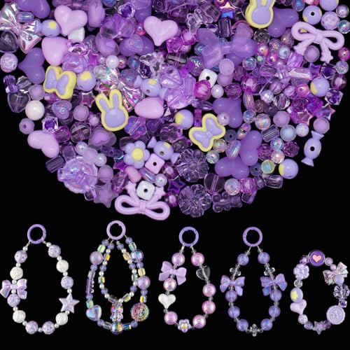 GUJOXILA Acrylperlen Charms Kawaii Lila Perlen Anhänger mit Blumen Schleifen Süßigkeiten Herz Blumen Armbänder Selber Machen Kinder für Anhänger Halsketten SHandy Kette Beads Charms