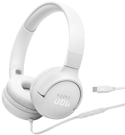 JBL Tune 520 C, Casque Filaire Supra-auriculaire Confortable avec Micro, Son Pure Bass, préréglages EQ, connectivité USB-C, Design Pliable et câble Anti-nœuds, Blanc