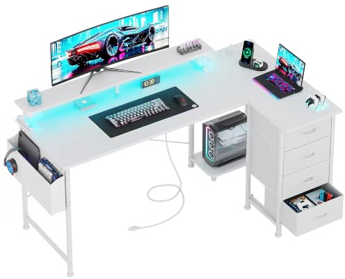 VERMESS Corner Desk with 4 Drawers, L Shaped Computer Desk with LED Lights & Power Outlets, 160x80cm Reversible Home Office Workstation with Monitor Stand, Writing Desk with PC Stand, White