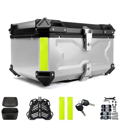 Bauletto universale per motocicletta, impermeabile, in alluminio, per vano bagagliaio, Dual Key, custodia per carrier, top box, valigetta per la conservazione di caschi (Argento, 65L)