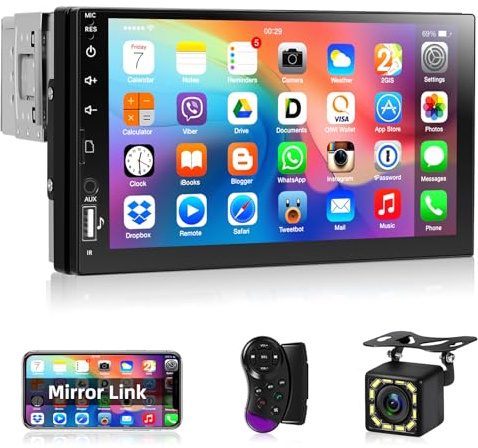 Motorsi Autoradio 1 Din con Bluetooth, 7 Pollici LCD Radio Stereo Auto con Schermo USB FM AUX TF Controllo del Volante Collegamento Mirror per Telefono Android/iOS + Telecamera Posteriore
