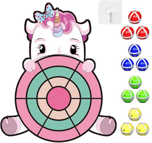 GXGM 1 Stück Einhorn Spielzeug, Frisbee Kinder, Einhorn Geschenke Kinder Dartscheibe mit 12 Klebrigen Bällen, Drinnen und Draußen Dart Wurfspiel, Geburtstagsgeschenk