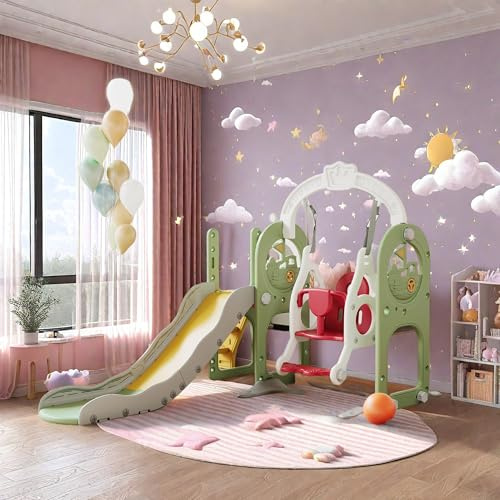 Toboggan et Balançoire 6 en 1 pour Enfants 3-8 Ans avec Panier de Basketball, escalier Facile à Monter, télescope, Toboggan, Espace de Rangement, pour Intérieure/Extérieur, Vert