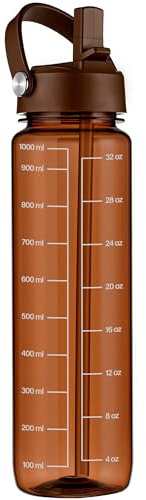 GOPPUS 1000ml/32oz Clear Water Bottle with Straw, Tritan Leakproof Sports Drinking Bottle, BPA Free Wide Mouth Gym Bottle with Handle and Measurement Marks for School, Gym, Travel (Brown)