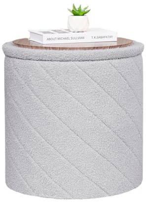 Bonlife Sgabello rotondo Ottoman con vano portaoggetti, sgabello pieghevole con coperchio, sgabello Boucle per toeletta per soggiorno, camera da letto, zona d'ingresso, grigio, 43x43x45cm
