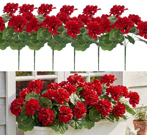 Arbrous - 6 mazzi di gerani artificiali per esterni, resistenti ai raggi UV, con 30 fiori, fiori di geranio in finta seta da 33 cm, per esterni, giardino, patio, tavolo, centrotavola, fioriere da