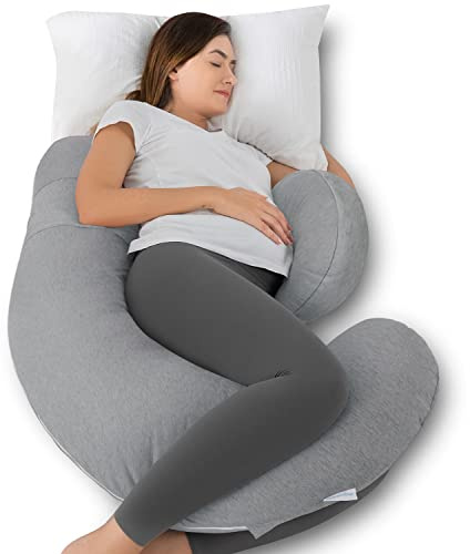 QUEEN ROSE F Shaped Pregnancy Pillows for Sleeping, Compact Maternity Body Pillow with Adjustable Belly Wedge, Cooling Space-Saving Support for Side Sleepers & Back Pain Relief, Light Grey