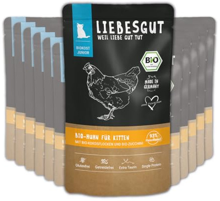 Liebesgut Nourriture bio pour chat - Poulet bio - Avec flocons de coco bio et courgettes bio - Extra de viande - 12 x 100 g