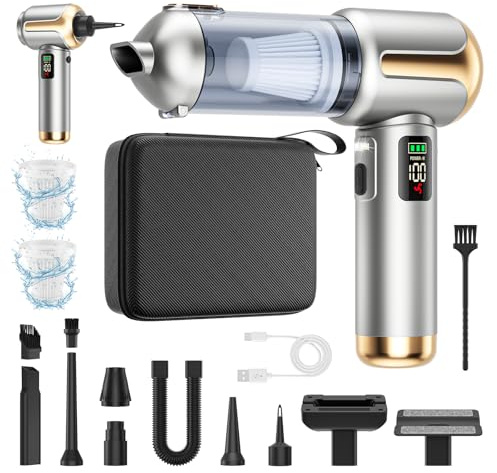 Car Vacuum Cleaner Cordless Powerful 25000Pa, 4 in 1 Car Hoovers Cordless Powerful 3 Speed, Blowing/Inflation/Suction Handheld Vacuum Cleaner with LED Display & Light, Storage Case (Gold)