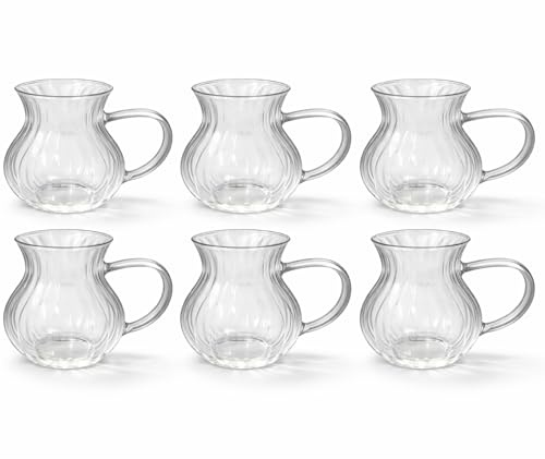 Altınbaş 6er Set Teegläser (200ml) – Robuste Trinkgläser in Geriffelter Optik Türkische Teegläser Cay Bardagi Modernes Design für Tee & Heißgetränke mit oder ohne Henkel Spülmaschinenfest (mit Henkel)