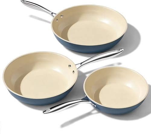UUKRAVE Non Stick Frying Pan Set, Ceramic Frying Pan, Healthy & Non-Toxic, 20cm 24cm 28cm Ceramic Pan for Cooking with Stay Cool Handle, PFAS/PTFE/PFOA-Free, 8 9.5 11 Skillet Set, Oven Safe, Blue