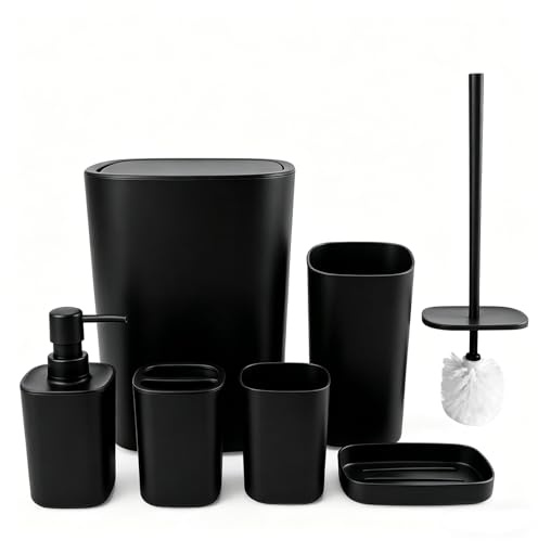 6-teiliges Badezimmer Set - Modernes Design Schwarz - Seifenspender, Seifenschale, Zahnbürstenhalter, Becher, Mülleimer und WC-Bürste - Bruchfest & langlebig, Badezimmer Zubehör Organizer Accessoires