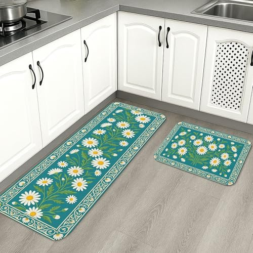 Alfombrillas florales de crisantemo de cocina para piso, flores verdes, clásico botánicas suaves, alfombras acolchadas con resorte, cómodas, lavables, para fregaderos, lavadero, baño, 2 piezas