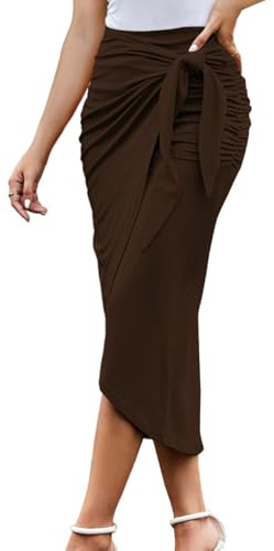 MAYFASEY Women's Ruched Wrap Maxi Skirt High Waist Tie Front Midi Pencil Skirts with Slit