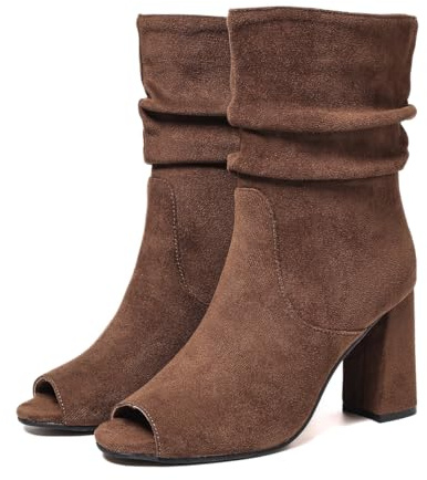 Botines de gamuza sintética para mujer, diseño de puño holgado, tacón de bloque, botines casuales de punta abierta para primavera y verano, Brown, 39 EU
