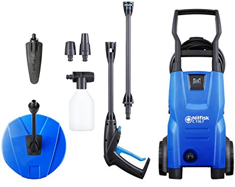 Nilfisk Hochdruckreiniger C 110 Bar + Schaumsprüher + Kompakt-Flächenreiniger + Bürste - Mini Pressure Washer Für Terrassen, Werkstätten und Autos (1400 W)