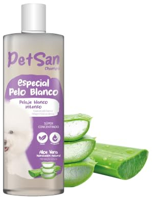 PetSan Champú Especial Pelo Blanco con Aloe Vera para Perros, pH Neutro, Pelaje Blanco Intenso y Brillante, con Fragancia a Talco, 400ml