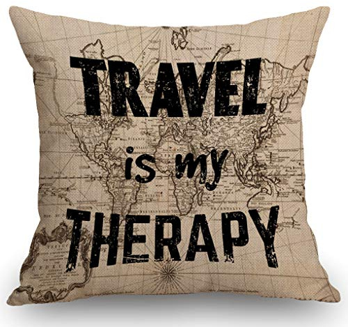 SSOIU Travel is My Therapy Pillow Cushion Bedroom Wanderlust Present Home Decor Quote Cotton Linen Outdoor Pillow Cases Square Standard Cushion Covers for Sofa Couch Bed 18x18 inch