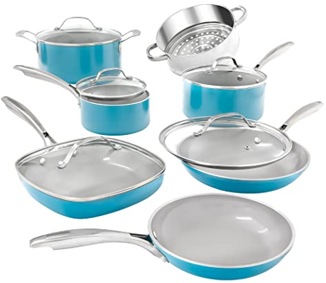 Gotham Steel Pots and Pans 12 Piece Cookware Set with Ultra Nonstick Ceramic Coating by Chef Daniel Green, 100% PFOA Free, Stay Cool Handles, Aluminum with Ti-Cerama Titanium, Ocean Blue