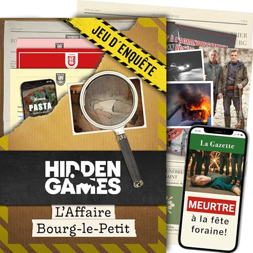Hidden Games Dossiers Criminels – l'affaire Bourg-Le-Petit – Jeu d'enquête | Mort mystérieuse à la fête du village. Dossier criminel, indices réels, enquête audio & web. 1-6 joueurs, dès 14 ans