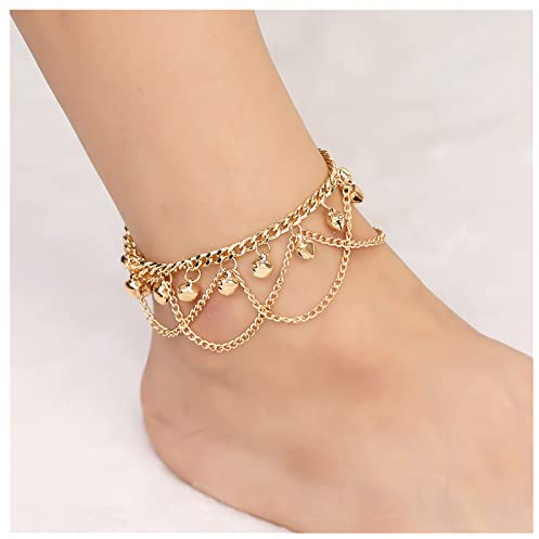 Jingle Bells Fußkettchen Boho Mehrlagige Glocken Quasten Fußkette Strand Verstellbar Barfuß-Sandalen Schmuck für Frauen Mädchen Teenageralter (Gold)