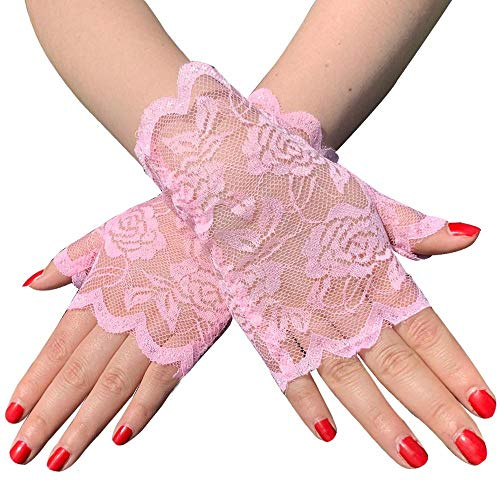 PTNKUIIY Damen Spitze Kurze Handschuhe,Fingerlose Handschuhe Braut Hochzeit Spitze Handschuhe UV Schutz Sommerhandschuhe Fahrhandschuhe Netz Handschuhe für Hochzeit Oper Abendessen Teeparty,Rosa