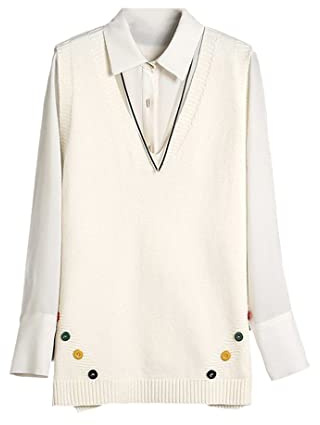 Stickad tröja för kvinnor, ärmlös väst, sidoknapp, ledig pullover, hösttoppar, White, L
