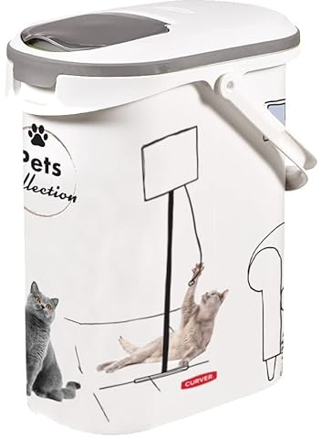 Curver Contenedor de comida para mascotas 4Kg/10L, Sellado de goma antiolores, Decorado gatos,19 x 30 x 35 cm