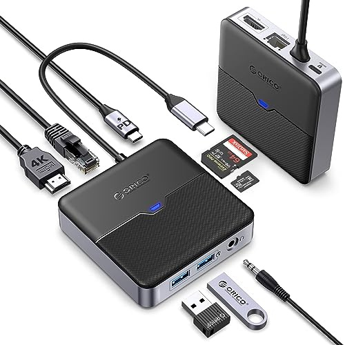 ORICO USB C Hub 8 in 1 Docking Station con HDMI 4K@60Hz, PD 100W, SD/TF, 2 Ports 5Gbps USB A 3.0, 3.5mm Audio, Adaptador Multipuerto Tipo C para MacBook Air Pro M2 M1 iPad Surface DELL HP (15cm)
