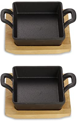 ECHTWERK Fuente de hierro fundido, Cazuela cuadrada con tabla para servir, Sartén pequeña para asar, Ya cocida, Apta para hornos, parrillas, barbacoas e inducción, Ideal para servir, 2 piezas