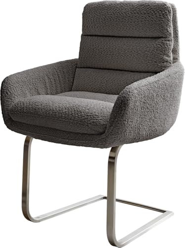 DELIFE Schwingstuhl Abelia-Flex mit Armlehnen Freischwinger flach Edelstahl Bouclé Grau