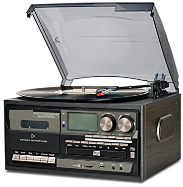 Reproductor de Discos de Vinilo Reproductor de Discos de Vinilo de 3 velocidades, Tocadiscos Vintage, Reproductor de Casete de CD Compatible con Bluetooth, Altavoz, Radio Am/FM, grabadora USB