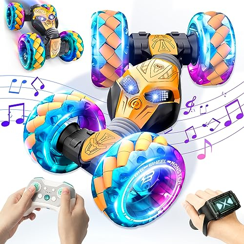AmazeFun Ferngesteuertes Auto,360° Drehung Stunt RC Auto, 2,4GHz 4WD 1:12 Groß Off-Road Auto Spielzeug,Gestensensor Drift Car mit Musik und LED-Lichter für Kinder ab 4,5,6,7,8-12+Jahre