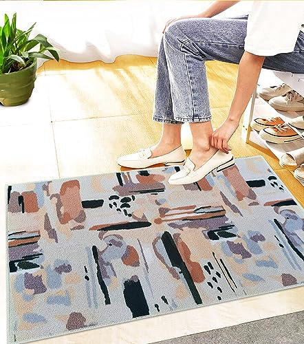 PHP Door Mat, Indoor Washable Low Profile Distressed Door Matt for Front and Back Door inside Large Dirt Trapper Mats Entryway Patio Door Matt Beige Rust - 50 x 80 cm